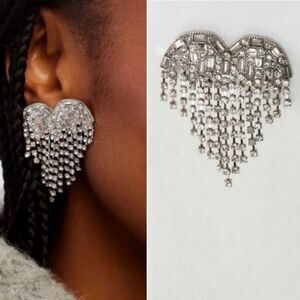 Free People Hearts On Fire Dangle Earrings Rhinestone Heart Fringe Statement NWT